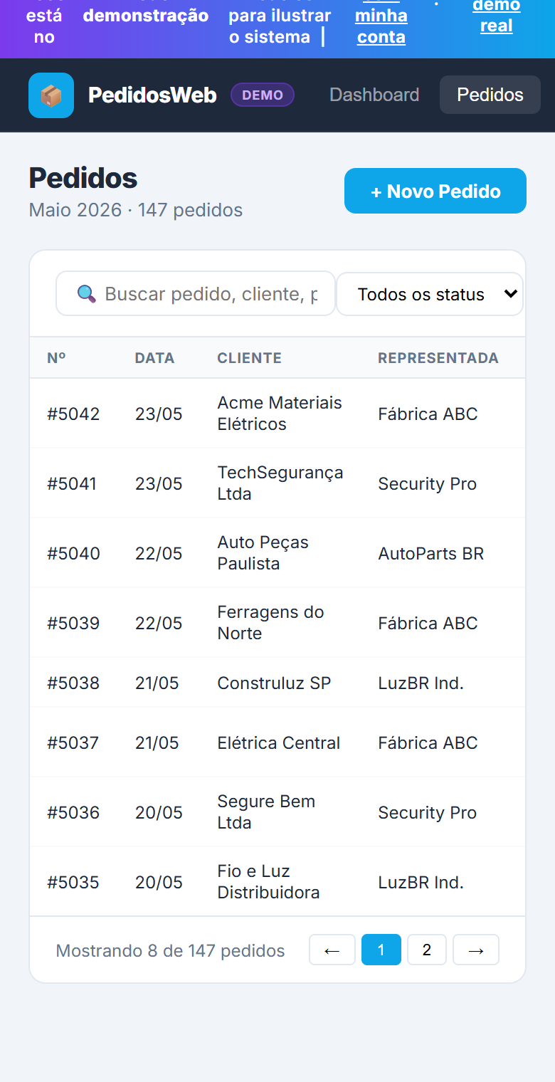 PedidosWeb no celular — tela de pedidos com lista e status