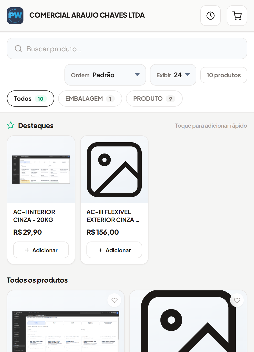 Vitrine Digital B2B — catálogo de produtos com fotos, preços e carrinho para pedido online